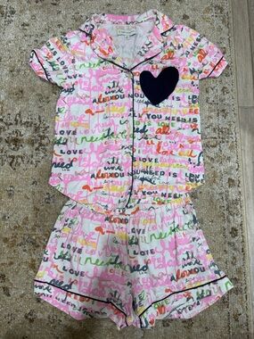 Rosenthal Pink Multicolor 'Love' Short Pajama Set with Navy Heart Accent